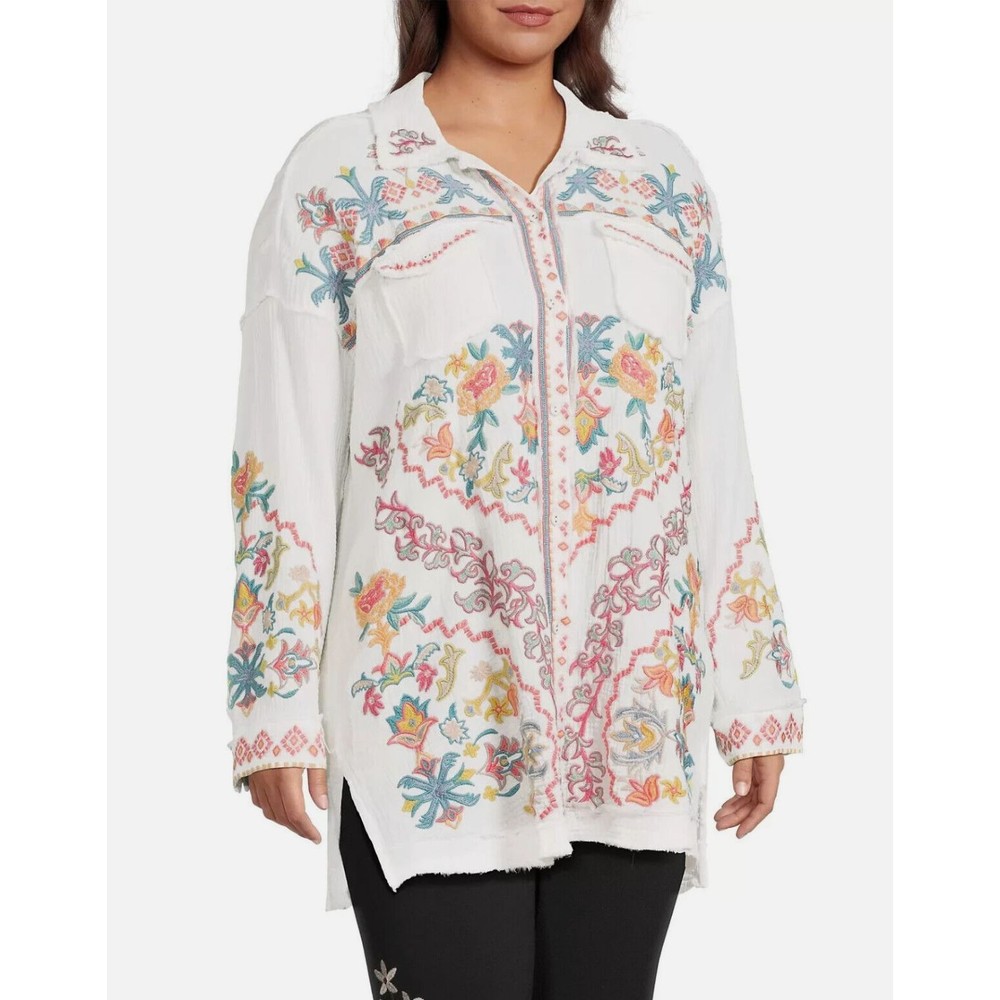 NWT $295 JOHNNY WAS Womens PXXL Cotton Gauze Shirt FLORAL EMBROIDERED Boho TOYAH